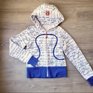 Lululemon Scuba Hoodie with blue cursive print